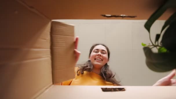 打开包装 一个快乐的年轻女人打开一个纸板箱 兴奋地拿出一个装有植物的罐子 底部的观点 谨慎交付的概念 — 图库视频影像