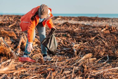 Ceketli beyaz bir kadın gönüllü çöp torbasında plastik şişe topluyor. Arka planda, deniz ve gökyüzü ve fırtınadan sonra çamurlu bir plaj. Çevre kirliliği kavramı.