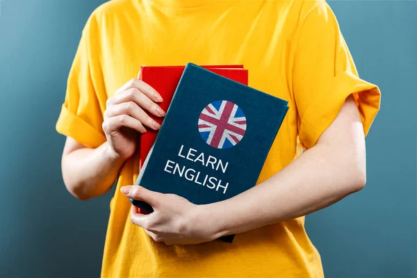 English Language Day Woman Holds English Textbooks Her Hands Close — Stock Photo, Image