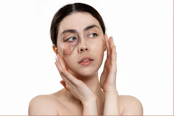 Portrait Young Beautiful Woman Holding Her Face Her Hands White — Stock Photo, Image