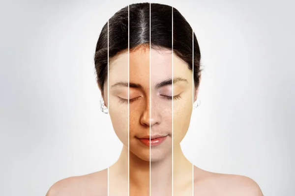 異なる肌の色と顔を持つ女性の閉じた目を持つブルネットの肖像画 白い背景に隔離されています 肌のための軽量化とブロンズ化粧品の概念 — ストック写真