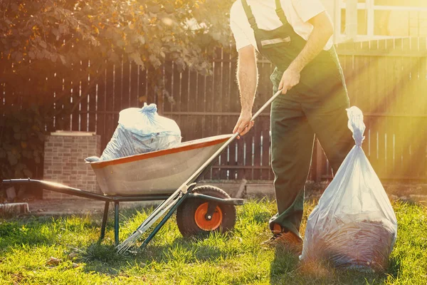 Jardinero Limpia Las Hojas Patio Junto Hay Carro Con Compost — Foto de Stock