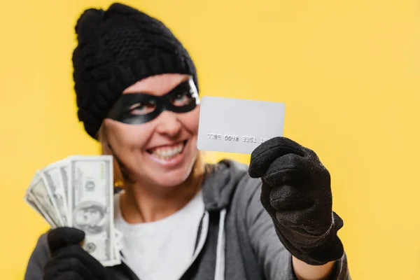 Female Hacker Wearing Black Hat Mask Glasses Smiling Maliciously Holding — Stock Photo, Image