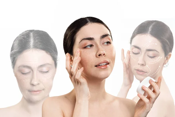顔のための専門的なケア化粧品 若返りの段階を示す白人女性の3つの肖像画 白地だ 化粧品の使用前後の結果の概念 — ストック写真