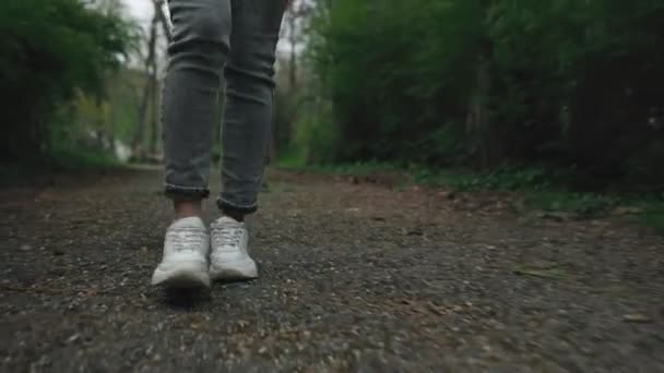 Las Piernas Hembra Zapatillas Deporte Relajan Caminan Lentamente Por Parque — Vídeo de stock