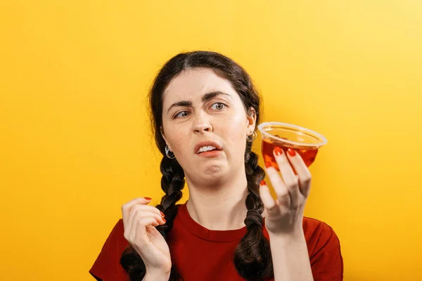 Junk Food Portrait Young Woman Making Face Holding Jar Jelly — Stock Photo, Image
