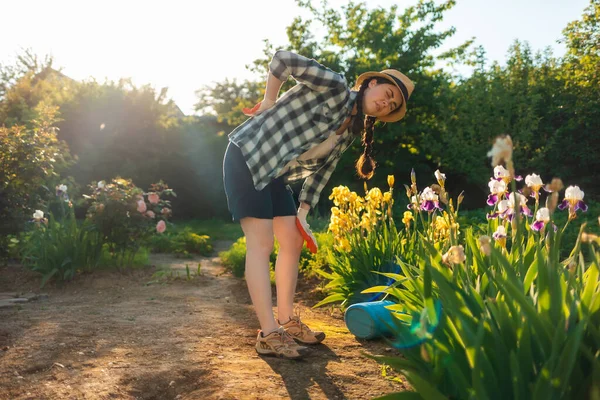 身着休闲装的成年女子弯腰站在开着花的蝴蝶花丛旁 痛苦地背对着她 水壶倒在地上 背部健康问题的概念 — 图库照片