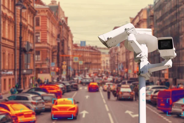 The concept of video surveillance and security technology. The surveillance camera tracks violators of traffic rules during traffic congestion. Definition zone.