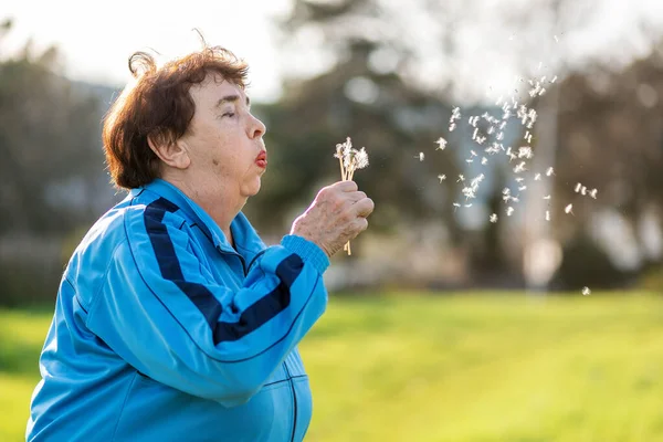 International Day of Older Persons. Portrait of an elderly caucasian grandmother blowing on a dandelion. Park in the background. Copy space. The concept of Alzheimer\'s disease, dementia.