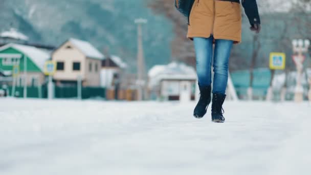 Woman Carefully Walks Snow Covered Path Slip Bottom View Close — Wideo stockowe