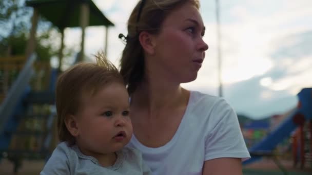 Kindergarten Teacher Holds Baby Handles Talking Him Real Time Outdoor — Wideo stockowe