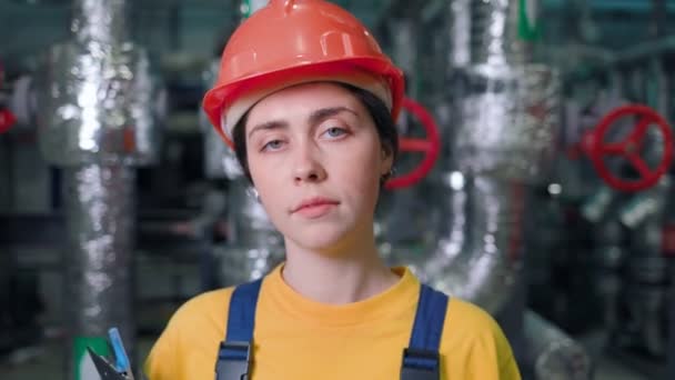 Portrait Young Female Engineer Standing Production Room Smiling Moving Away — Stock Video