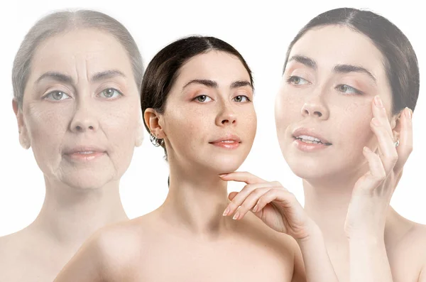 Three Portraits Caucasian Woman Showing Stages Rejuvenation White Background Concept — Stock Photo, Image