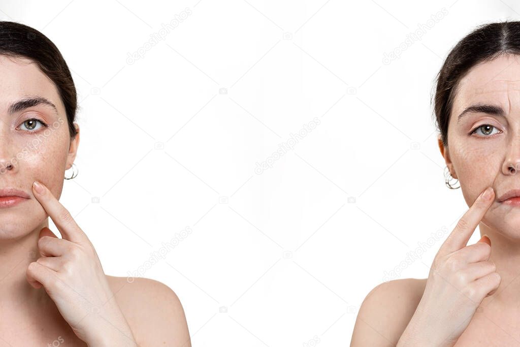 Result before and after cosmetic procedures. Two half-length female portraits showing youth and old age. White background. Copy space. The concept of professional cosmetology and plastic surgery.