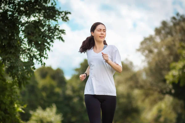 Portrait Happy Young Caucasian Athletic Woman Jogging Park Concept Fitness — Stock Photo, Image