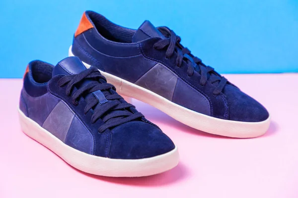 Pair Man New Sneakers Made Blue Leather Laid Out Pink — Stock Photo, Image