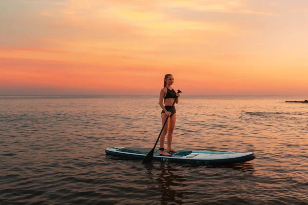 夏天冲浪 适合年轻女子在冲浪板上游泳 在背景中 海洋和日落 体育和休闲活动 复制空间 — 图库照片