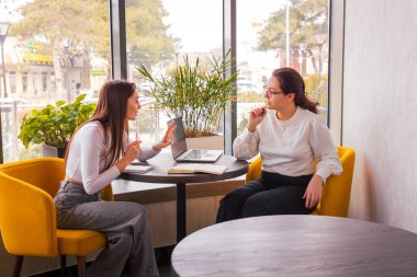 Dizüstü bilgisayarları açık genç bayan profesyoneller büyüme planlarını tutkuyla tartışıyorlar. Amaçlı bir öğle yemeği molası. Liderlik kavramı ve modern pazarlama. Orta çekim.