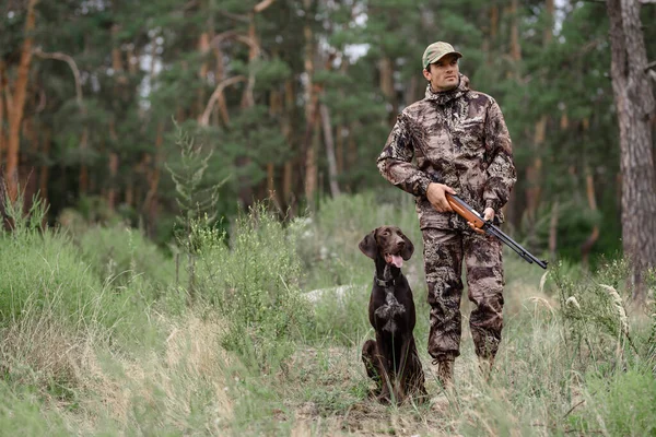 Hunter con Rifle Paseando por Forest Pointer Dog. — Foto de Stock