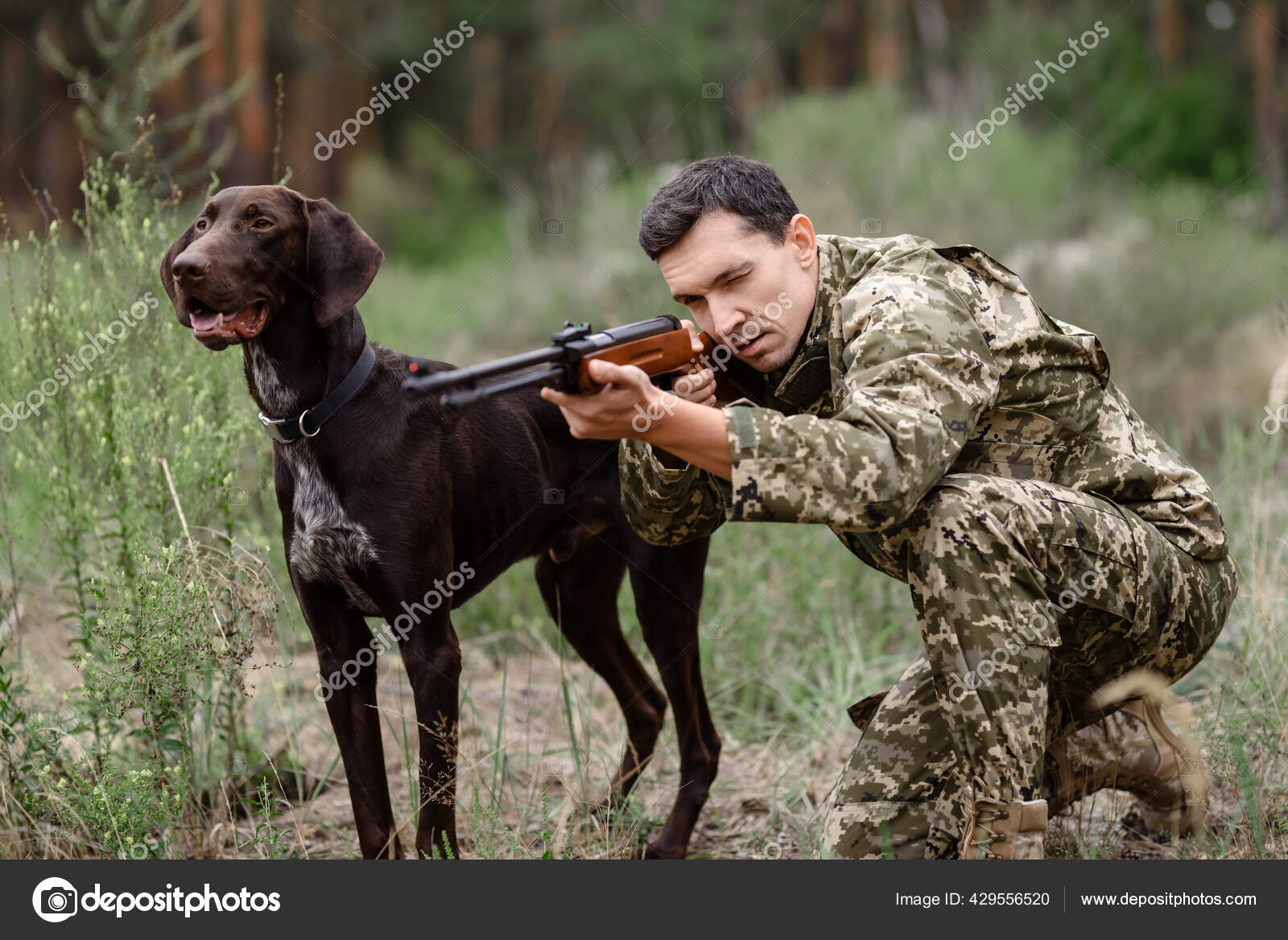 Hombre de caza de conejos con rifle y puntero en el — Foto