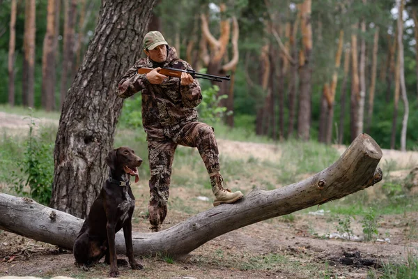 Hombre concentrado apuntando a la caza de faisanes con rifle. — Foto de Stock