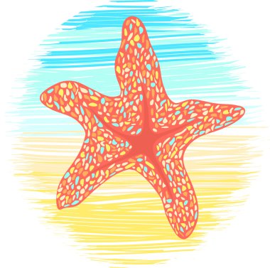 deniz ve kum arka plan üzerinde renkli deniz yıldızı. Benekli vektör çizim 