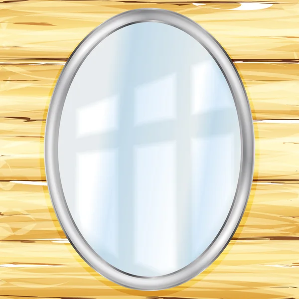 Ovaler Spiegel an einer Holzwand — Stockvektor