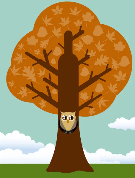 Árbol de otoño con búho — Vector de stock