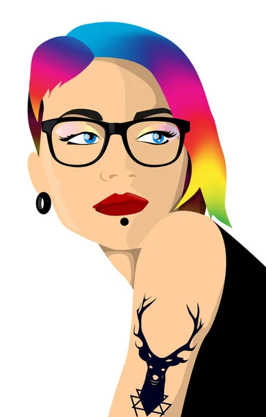 Cartoon Hipster Mädchen Porträt mit bunten Haaren — Stockvektor