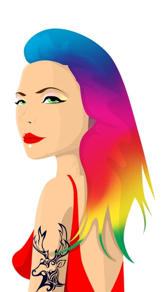 Çizgi film hippi kız portre renkli saçlı — Stok Vektör