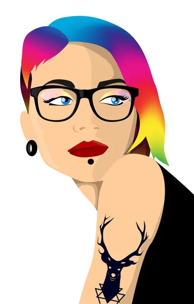 Cartoon hipster girl portrait with colorful hair Stock Illustration