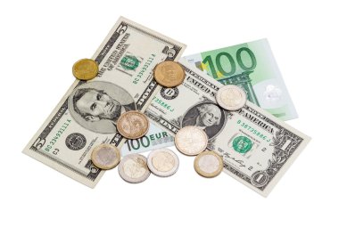 Several banknotes and coins of euro and American dollars 