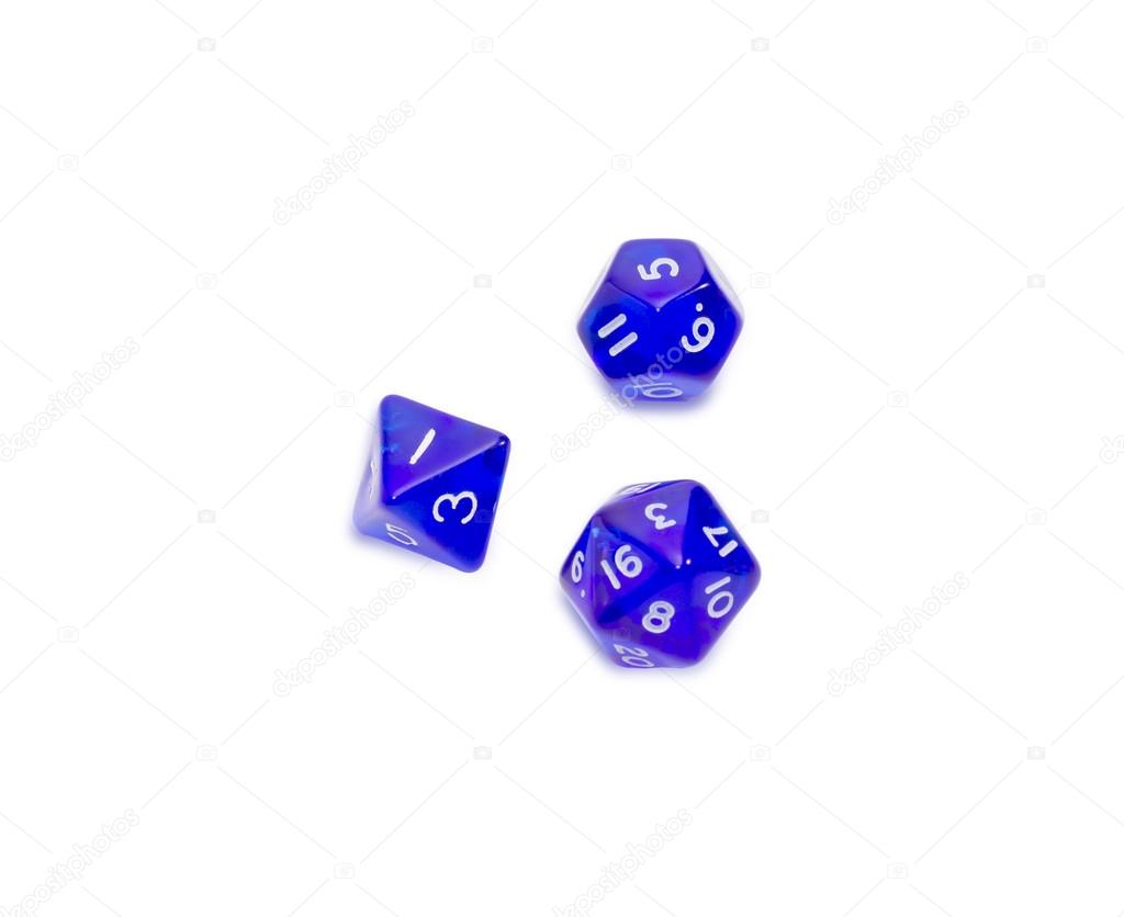 Specialized polyhedral dice on a light background