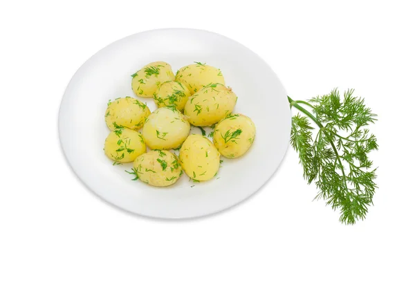 Patate giovani bollite con burro e aneto, rametto di aneto — Foto Stock