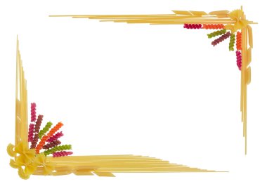 Frame made of different uncooked pasta on a light background clipart