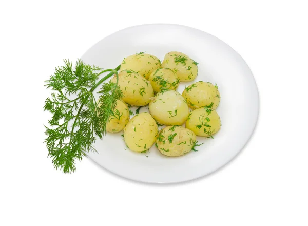 Patatas jóvenes hervidas con mantequilla y eneldo, ramita de eneldo —  Fotos de Stock