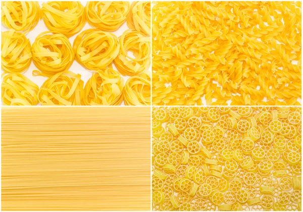 Set di sfondi diversi pasta cruda diverse varietà — Foto Stock