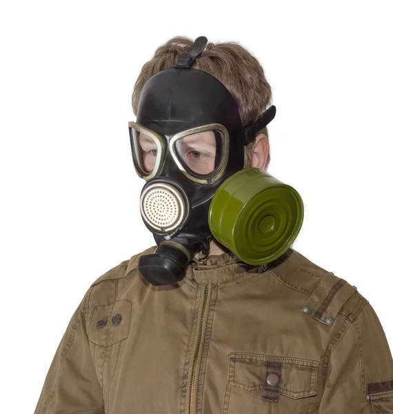 Człowiek w masce gazowej na jasnym tle — Zdjęcie stockowe