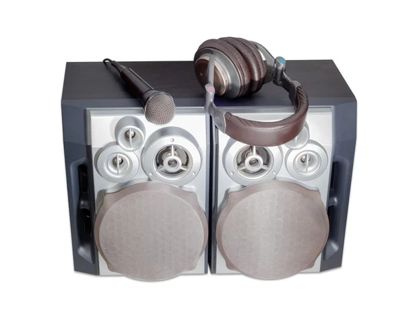 Dynamický mikrofon, sluchátka plné velikosti a Hi-Fi louds — Stock fotografie