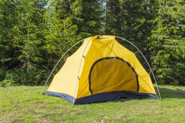 Dome çadır orman arka plan üzerinde hiking üzerinden iç çadır
