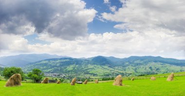 Dağ manzarası ile hayfield ön üzerinde