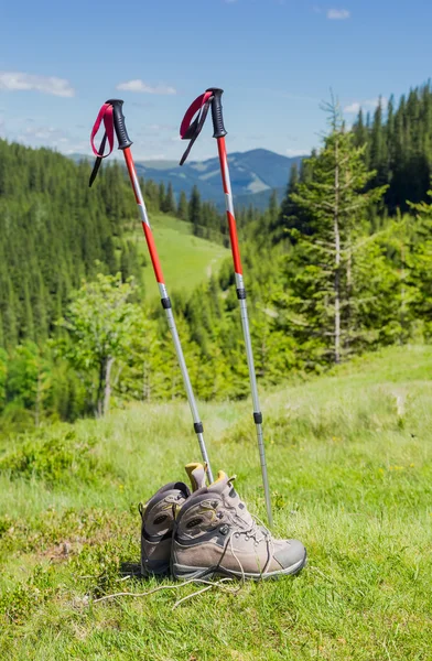 Trekking poles and trekking shoes on background of forested moun — Stock Photo, Image