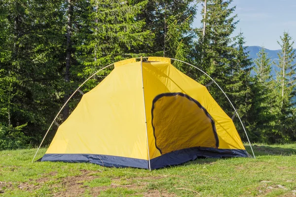 Inner tent from hiking dome tent on background of forest — Stock Photo, Image