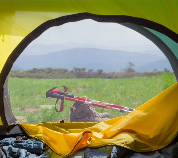View from the hiking tent through the mosquito net — Stock Photo, Image