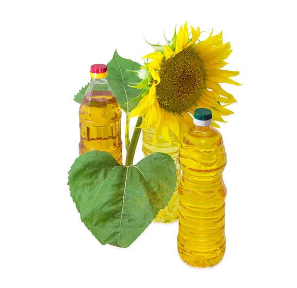 Três garrafas de óleo de girassol diferente e flor de girassol — Fotografia de Stock