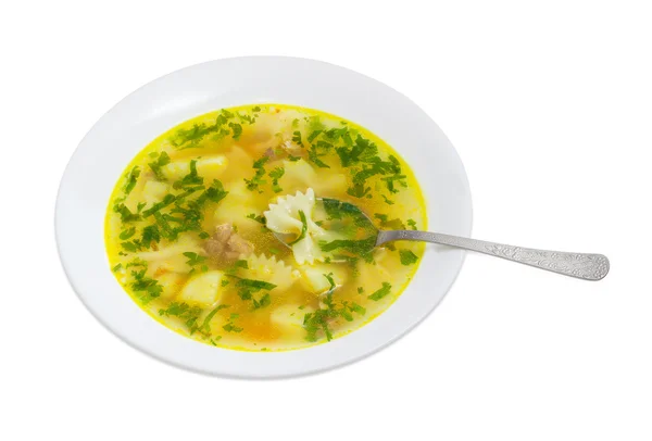 Slepičí polévka v bílé misce na světlém pozadí — Stock fotografie