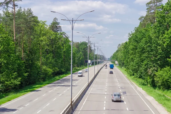 En del av motorvägen med skog på båda sidor i sommar — Stockfoto