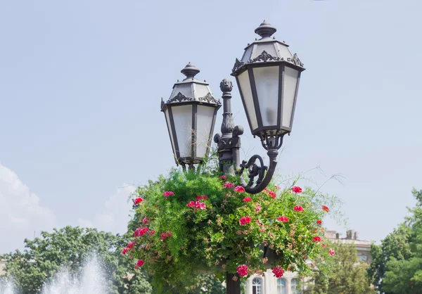 Lampa uliczna z kwiatami w doniczce na ulicy miejskiej — Zdjęcie stockowe