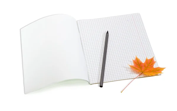 Livro de exercícios da escola aberta, lápis e folha de bordo amarelada — Fotografia de Stock