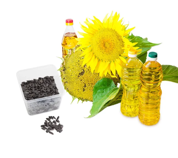 Huile de tournesol, graines de tournesol et fleurs de tournesol différentes — Photo